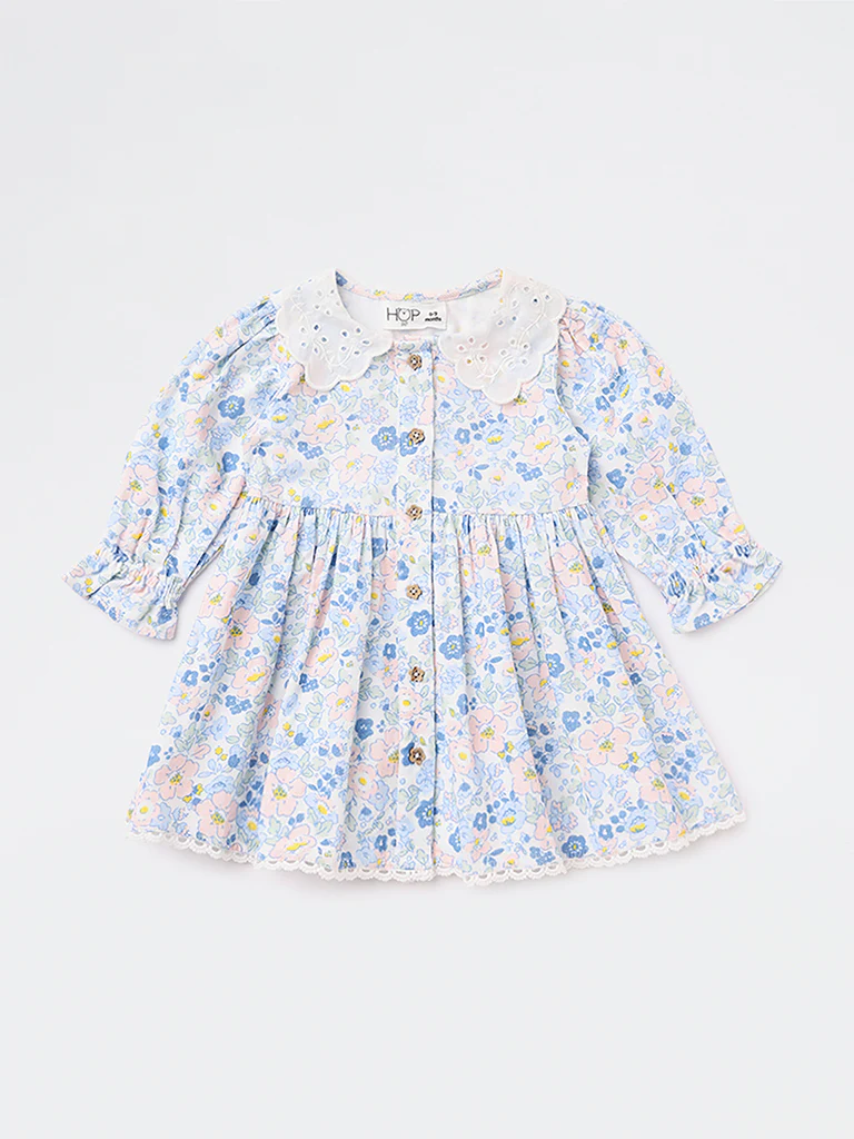 HOP Baby Girls Blue Floral Design Fit-and-Flare Cotton Dress - Image 2