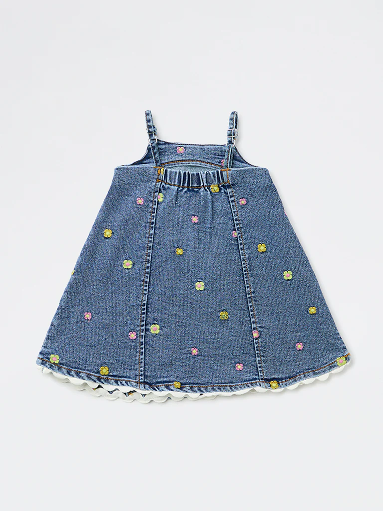 HOP Baby Girls Blue Floral Embroidered Denim Dress - Image 2