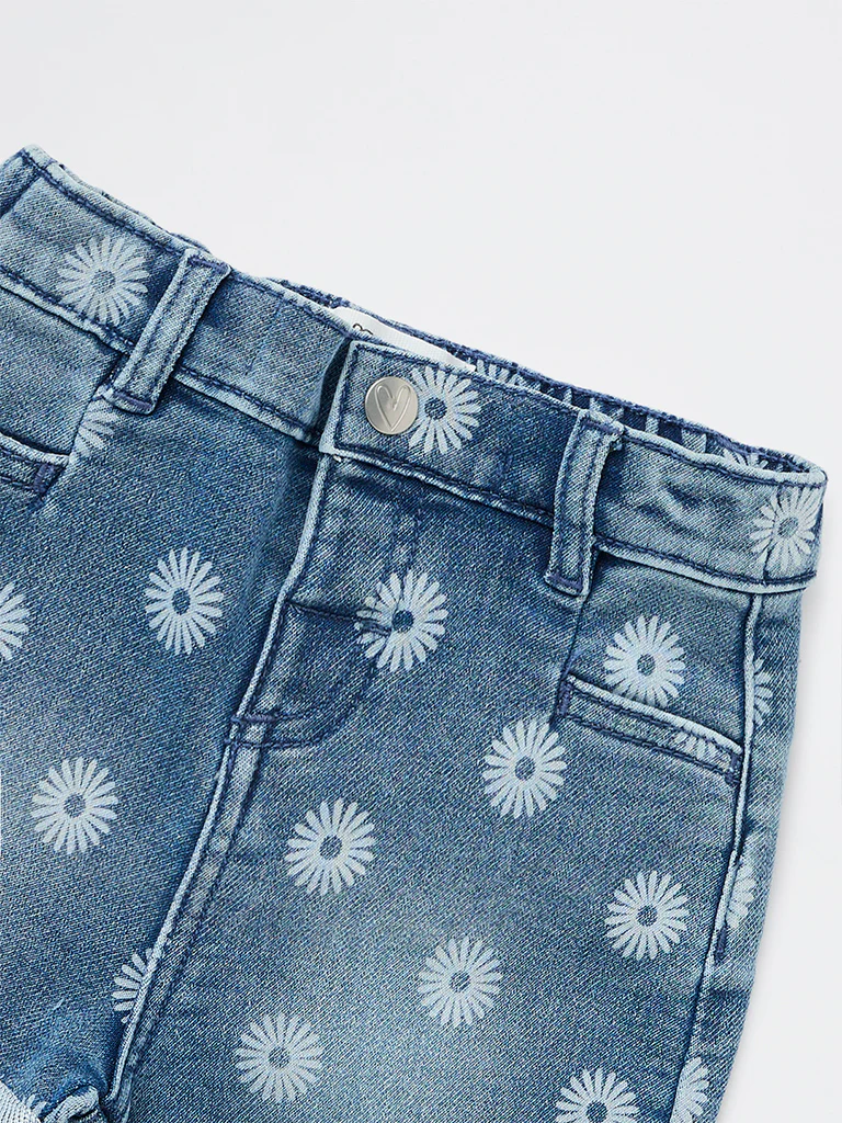 HOP Baby Girls Blue Floral High-Rise Denim Shorts - Image 4