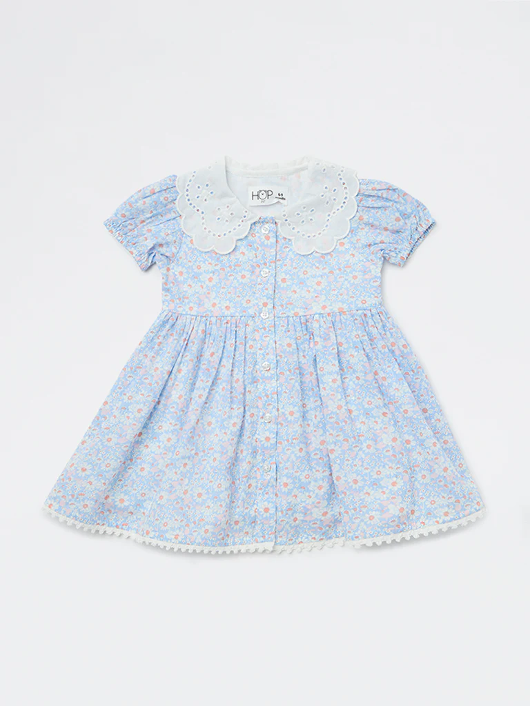 HOP Baby Girls Blue Floral Pattern A-Line Dress