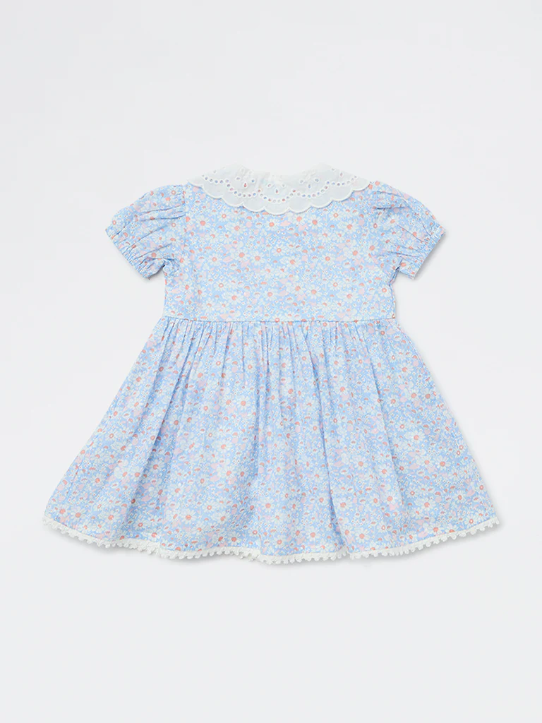 HOP Baby Girls Blue Floral Pattern A-Line Dress - Image 2
