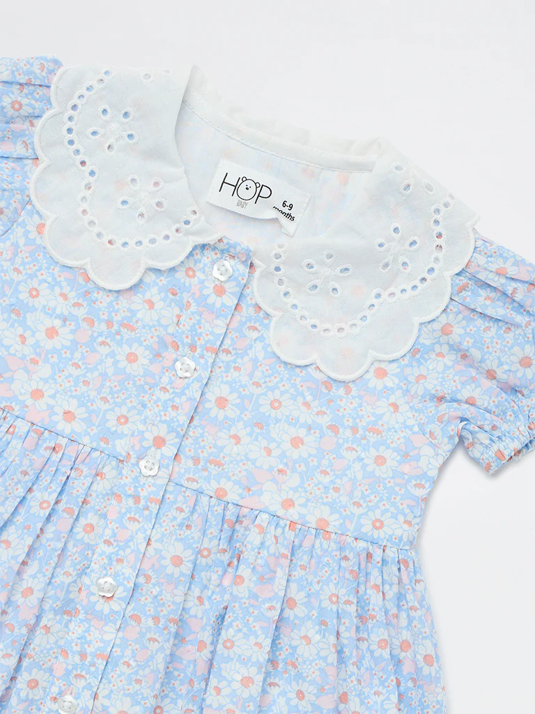 HOP Baby Girls Blue Floral Pattern A-Line Dress - Image 3
