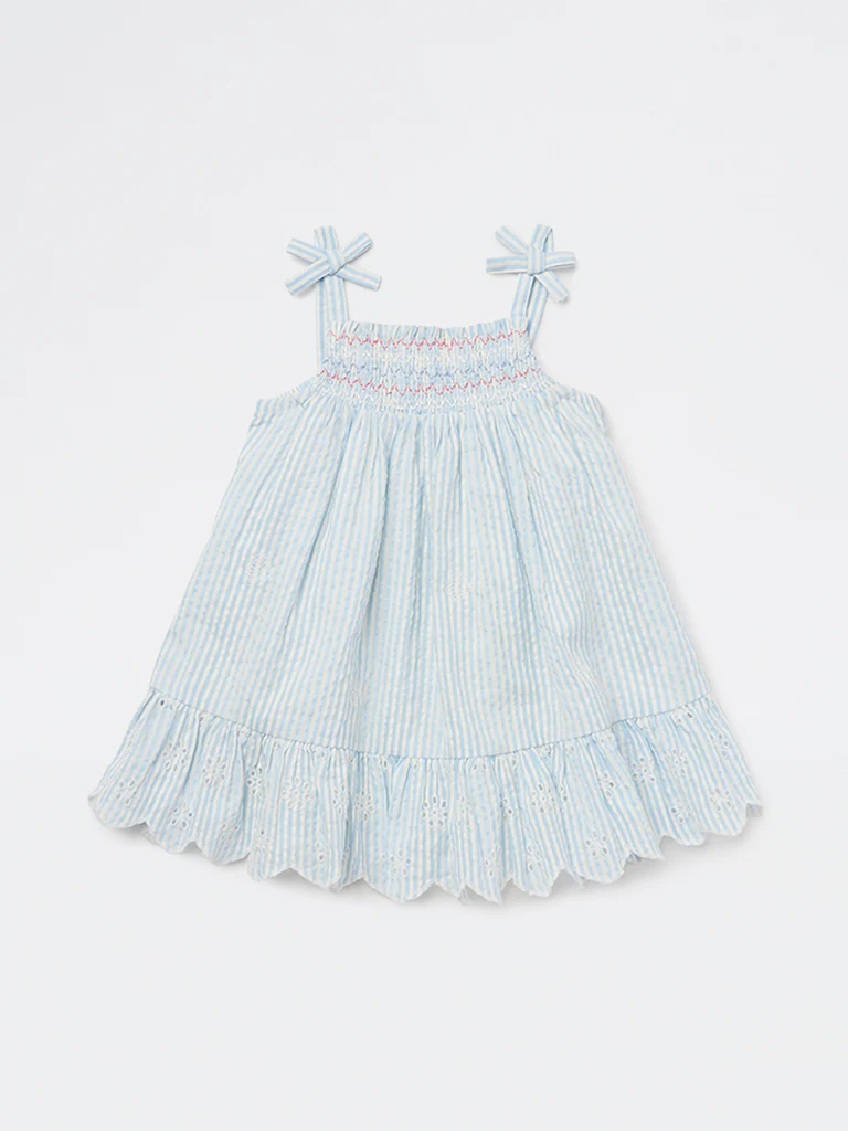 HOP Baby Girls Blue Seersucker Striped A-Line Cotton Dress - Image 2