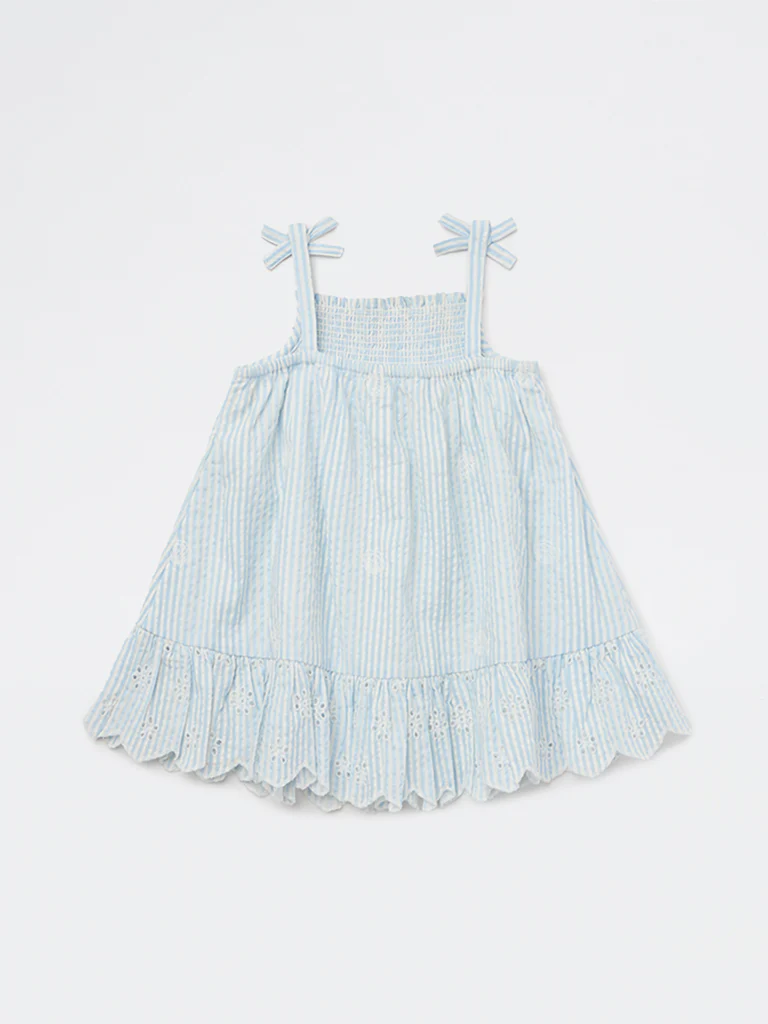 HOP Baby Girls Blue Seersucker Striped A-Line Cotton Dress - Image 3