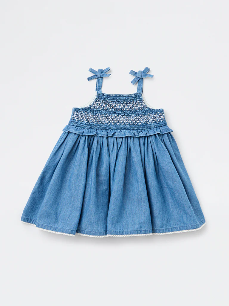 HOP Baby Girls Blue Smocked A-Line Cotton Dress - Image 2