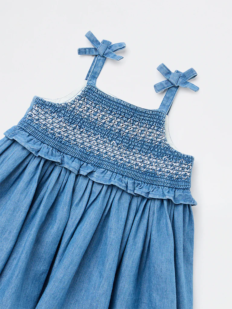 HOP Baby Girls Blue Smocked A-Line Cotton Dress - Image 4