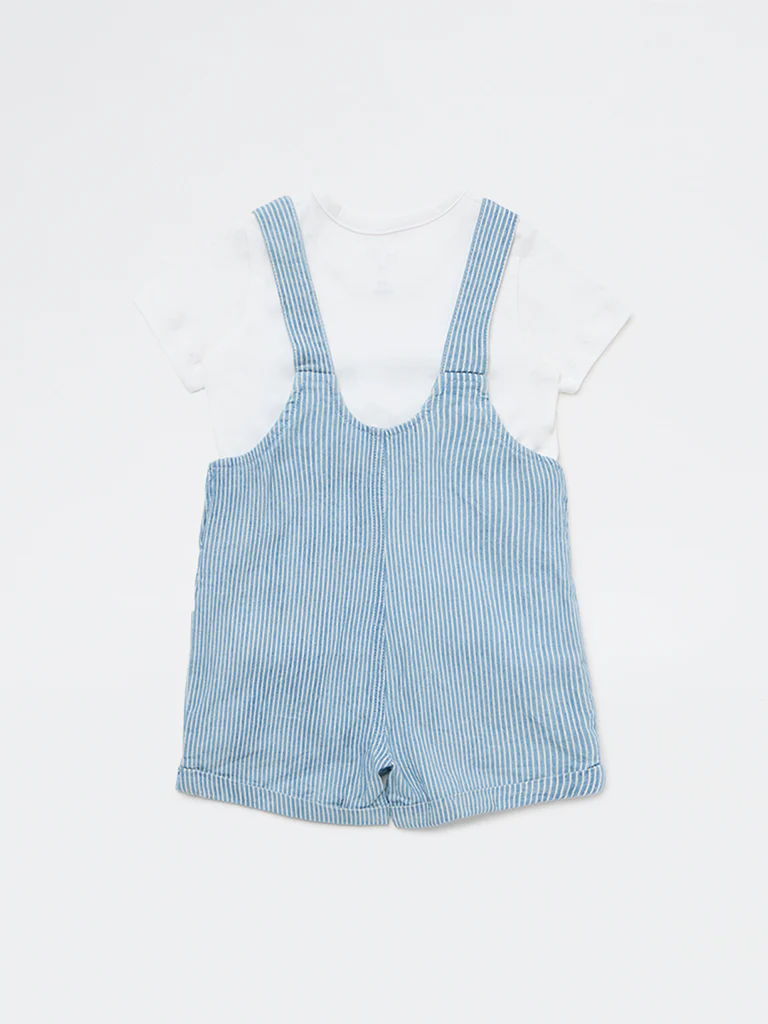 HOP Baby Girls Blue Striped Cotton Dungaree with T-Shirt Set - Image 2