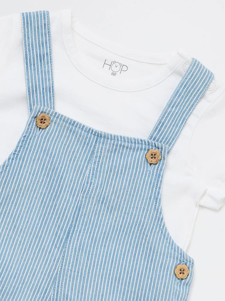 HOP Baby Girls Blue Striped Cotton Dungaree with T-Shirt Set - Image 3