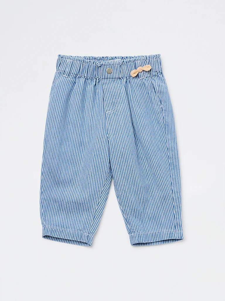 HOP Baby Girls Blue Striped Mid-Rise Cotton Pants - Image 2