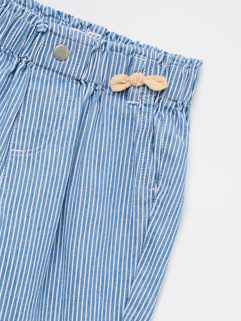 HOP Baby Girls Blue Striped Mid-Rise Cotton Pants - Image 4