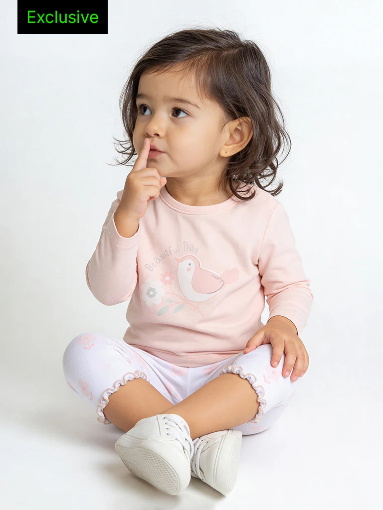 HOP Baby Girls Coral Printed Cotton-Blend T-Shirt and Pants Set - Exclusive