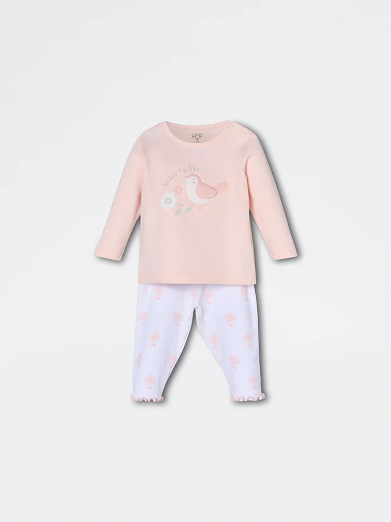 HOP Baby Girls Coral Printed Cotton-Blend T-Shirt and Pants Set - Exclusive - Image 2