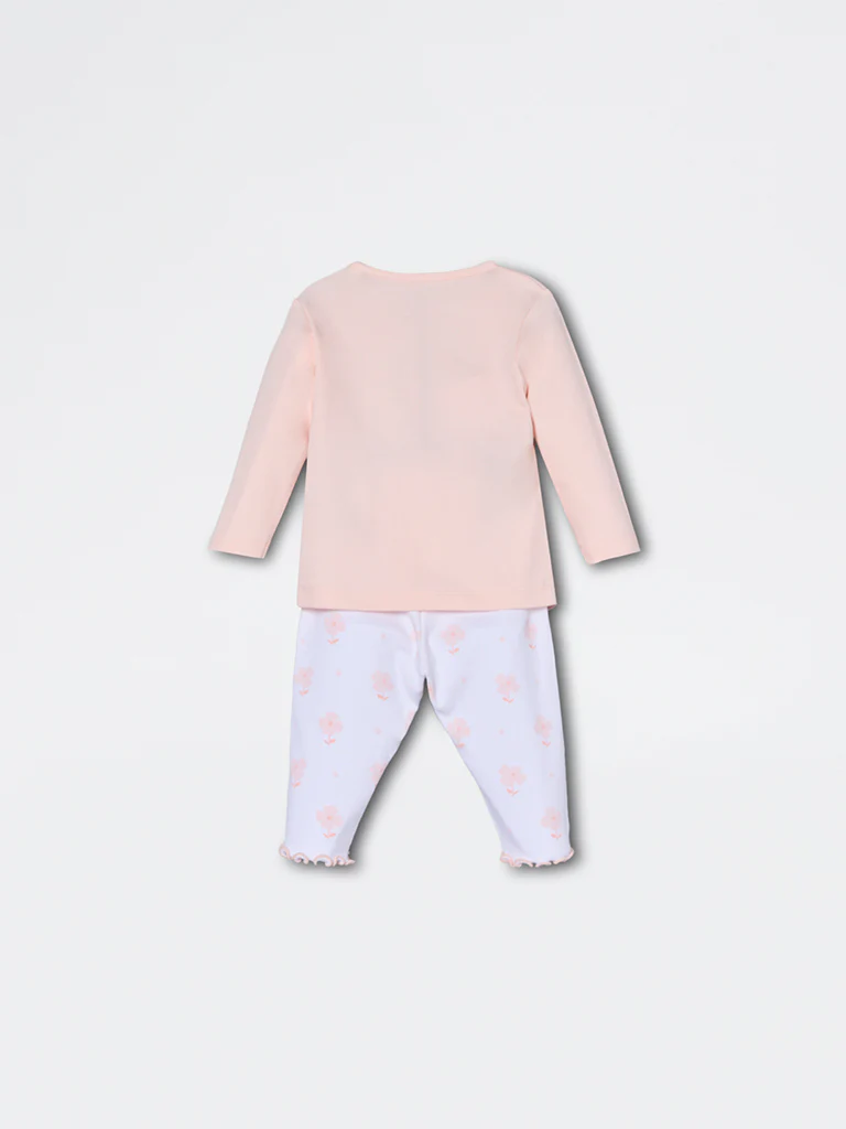 HOP Baby Girls Coral Printed Cotton-Blend T-Shirt and Pants Set - Exclusive - Image 3