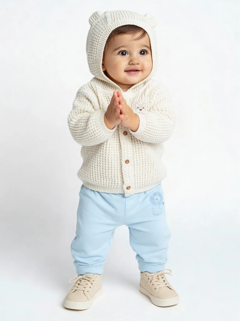 HOP Baby Girls Cream Knit-Textured Hooded Cotton Sweater