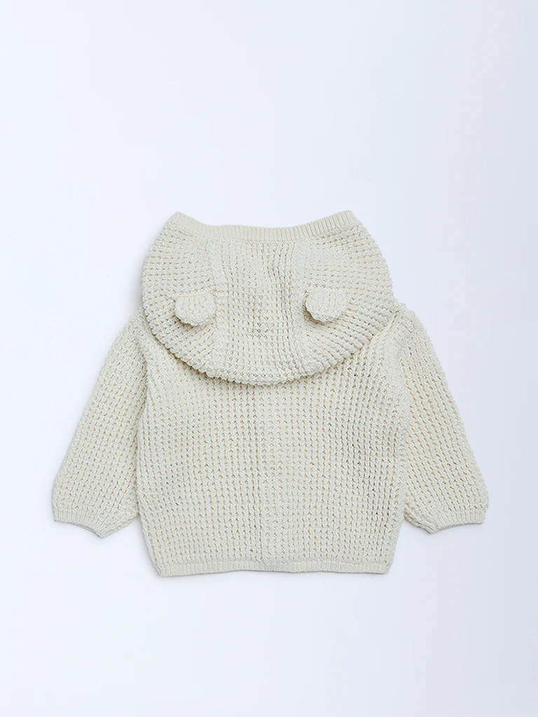 HOP Baby Girls Cream Knit-Textured Hooded Cotton Sweater - Image 3