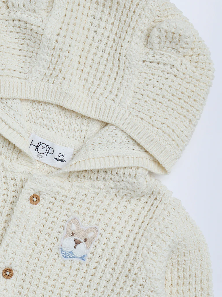 HOP Baby Girls Cream Knit-Textured Hooded Cotton Sweater - Image 4