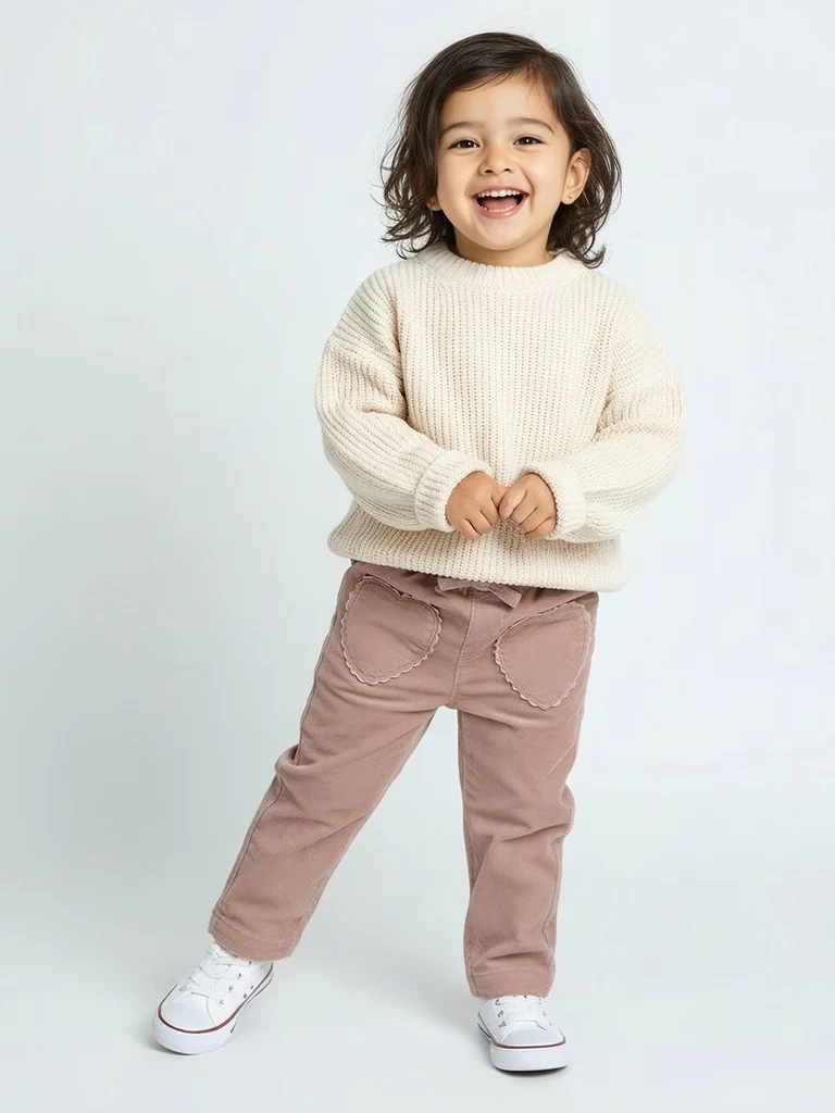 HOP Baby Girls Dusty Pink High-Rise Corduroy Trousers