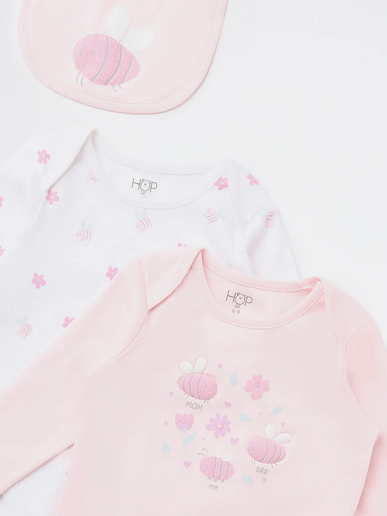 HOP Baby Girls Light Pink Bee Printed Cotton Romper and Bib Set - Image 4