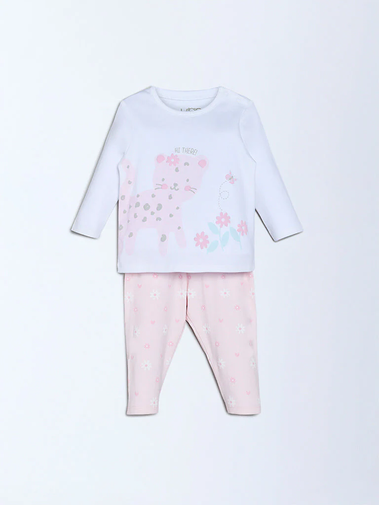 HOP Baby Girls Light Pink Cat Printed Cotton T-Shirt and Pants Set - Exclusive - Image 3