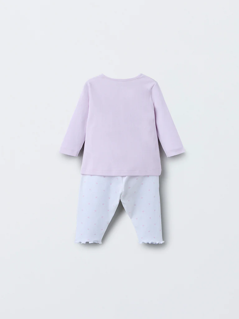 HOP Baby Girls Lilac Heart Printed Cotton T-Shirt with Pants Set - Image 3