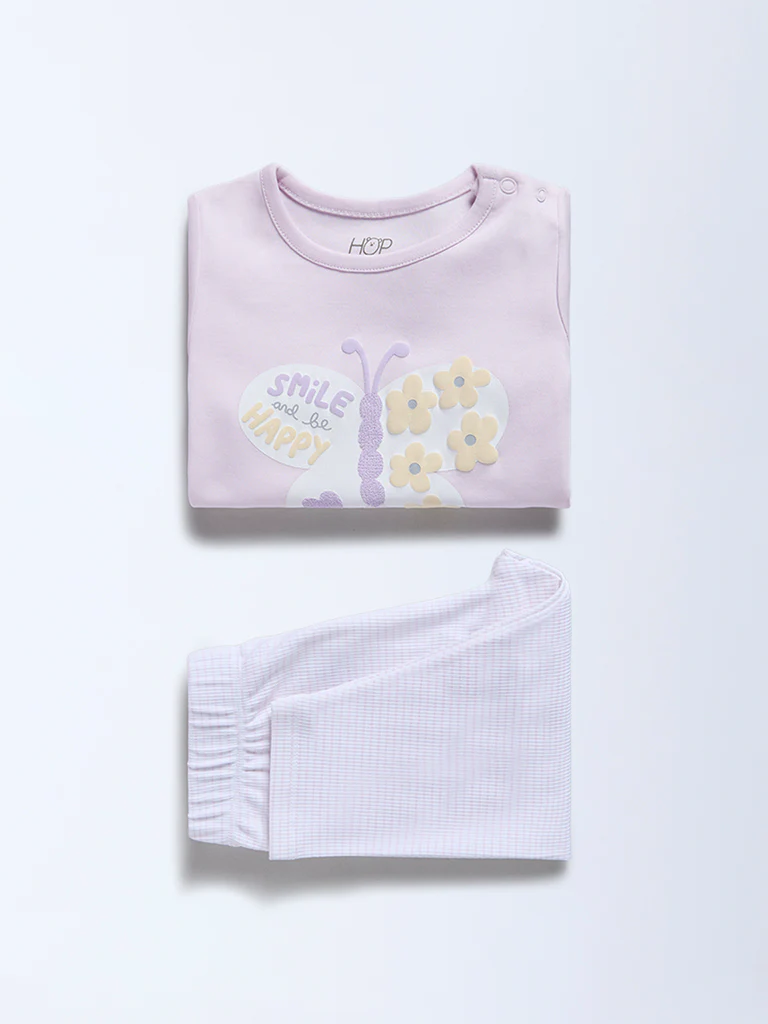 HOP Baby Girls Lilac Printed Cotton T-Shirt and Pants Set - Exclusive - Image 2
