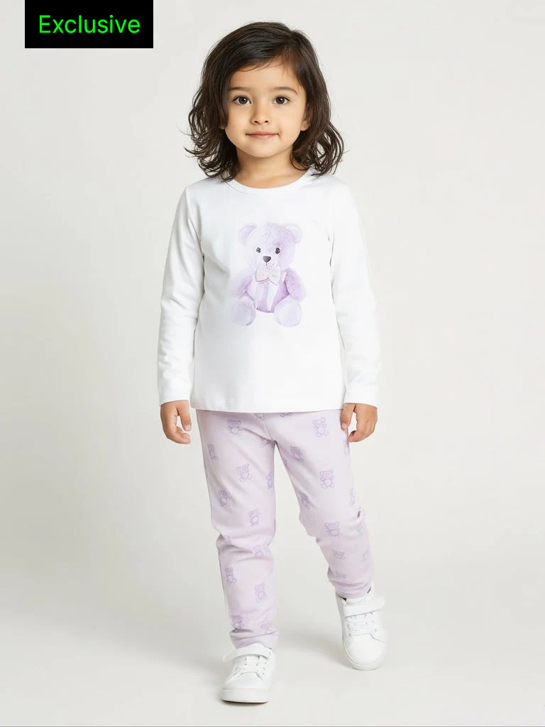HOP Baby Girls Lilac Teddy Printed Cotton T-Shirt and Pants Set - Exclusive