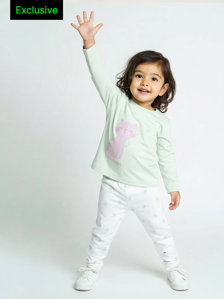 HOP Baby Girls Mint Cat Design Cotton T-Shirt and Pants Set - Exclusive