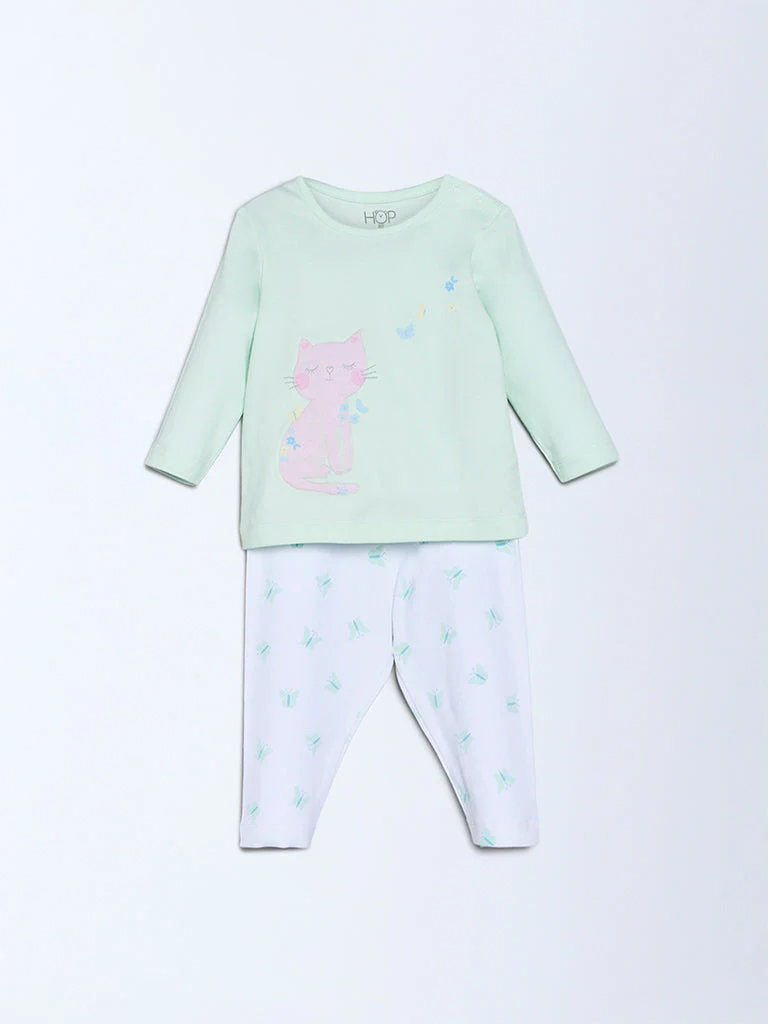 HOP Baby Girls Mint Cat Design Cotton T-Shirt and Pants Set - Exclusive - Image 3
