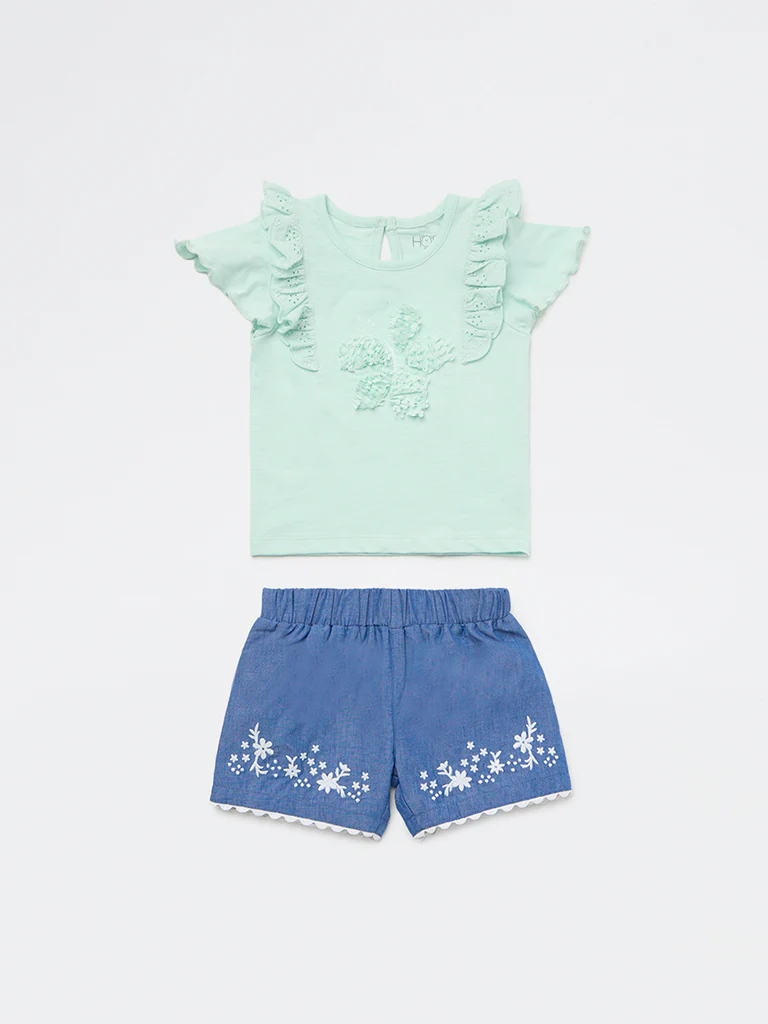HOP Baby Girls Mint Floral Applique Cotton Top and Shorts Set - Image 2
