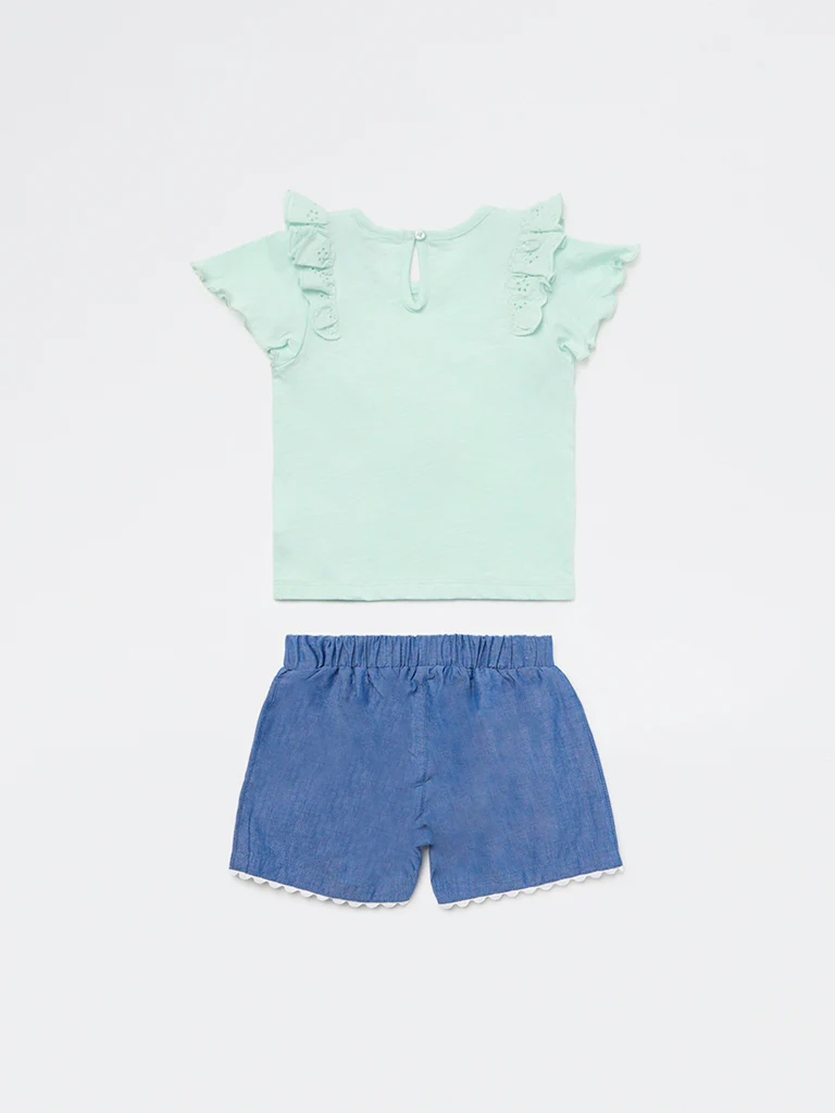 HOP Baby Girls Mint Floral Applique Cotton Top and Shorts Set - Image 3