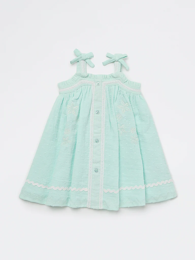HOP Baby Girls Mint Floral Embroidered A-Line Cotton Dress - Image 2