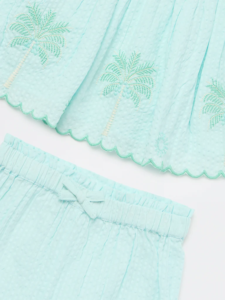 HOP Baby Girls Mint Floral Embroidered Cotton Top and Shorts Set - Image 4