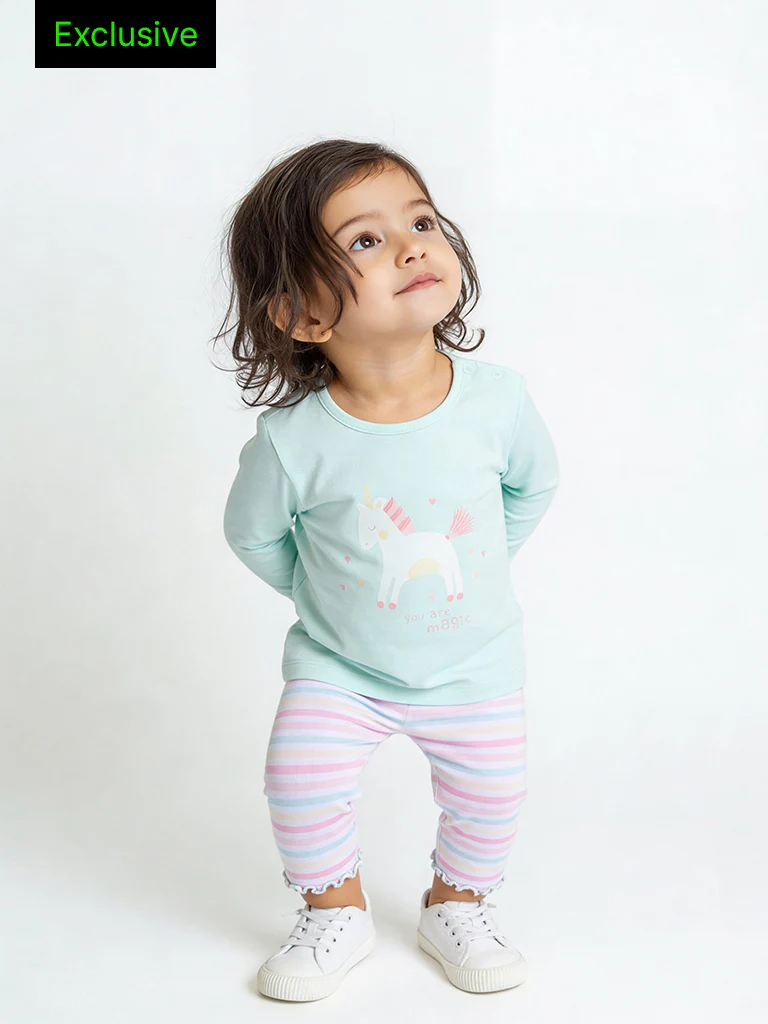 HOP Baby Girls Mint Unicorn Printed Cotton Co-ord Set - Exclusive