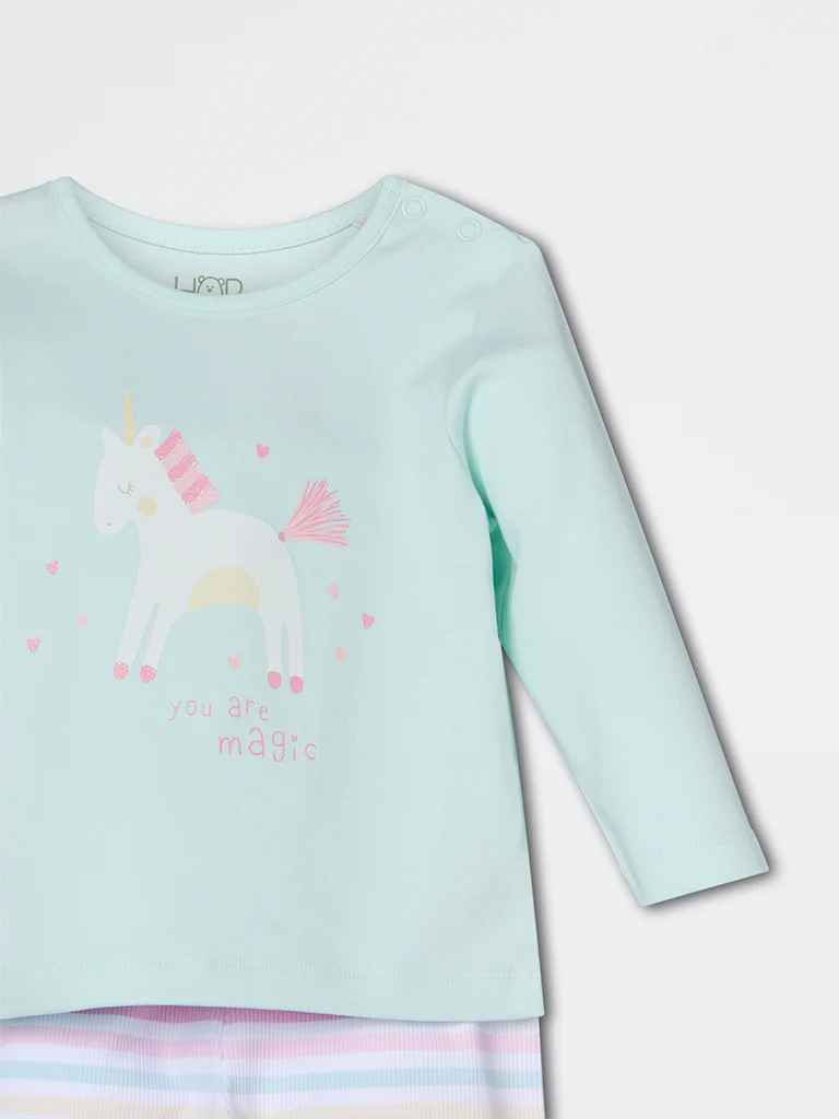 HOP Baby Girls Mint Unicorn Printed Cotton Co-ord Set - Exclusive - Image 4