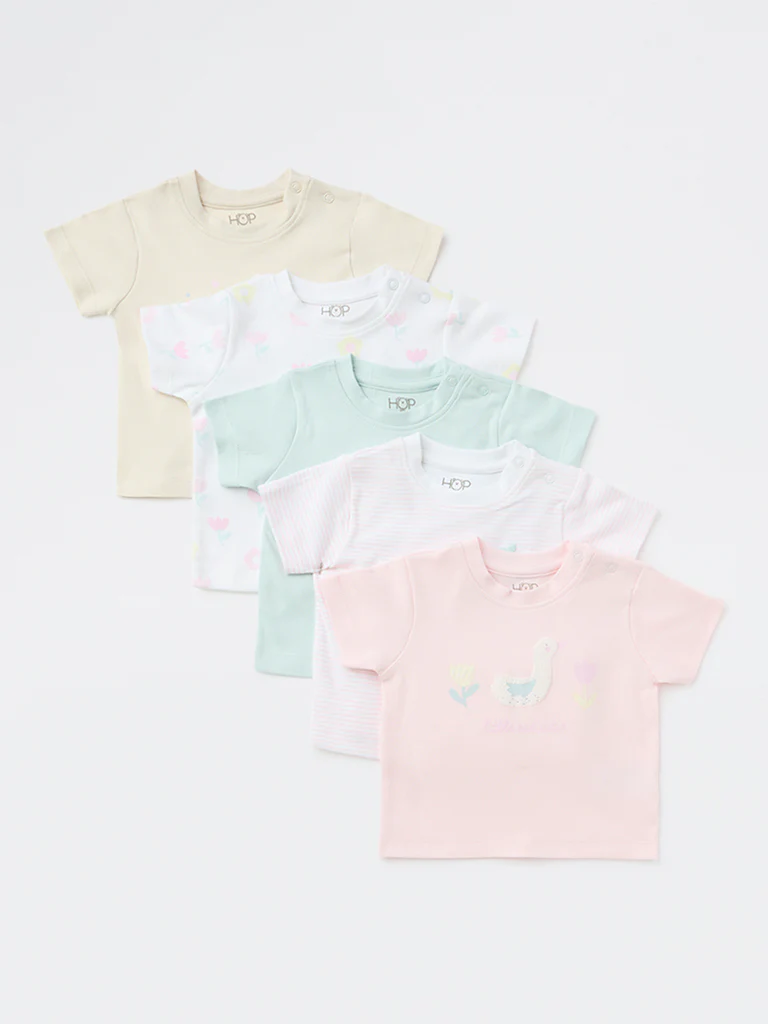 HOP Baby Girls Multicolour Cotton T-Shirt - Pack of 5