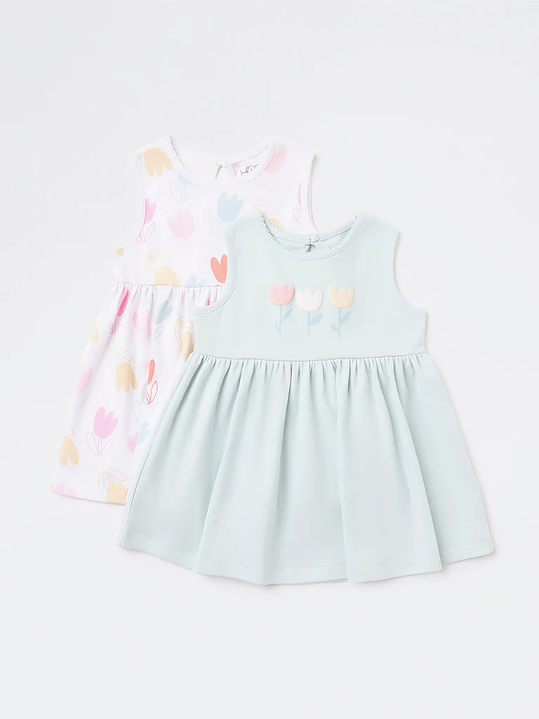 HOP Baby Girls Multicolour Floral Design Cotton A-Line Dresses - Pack of 2 - Image 2