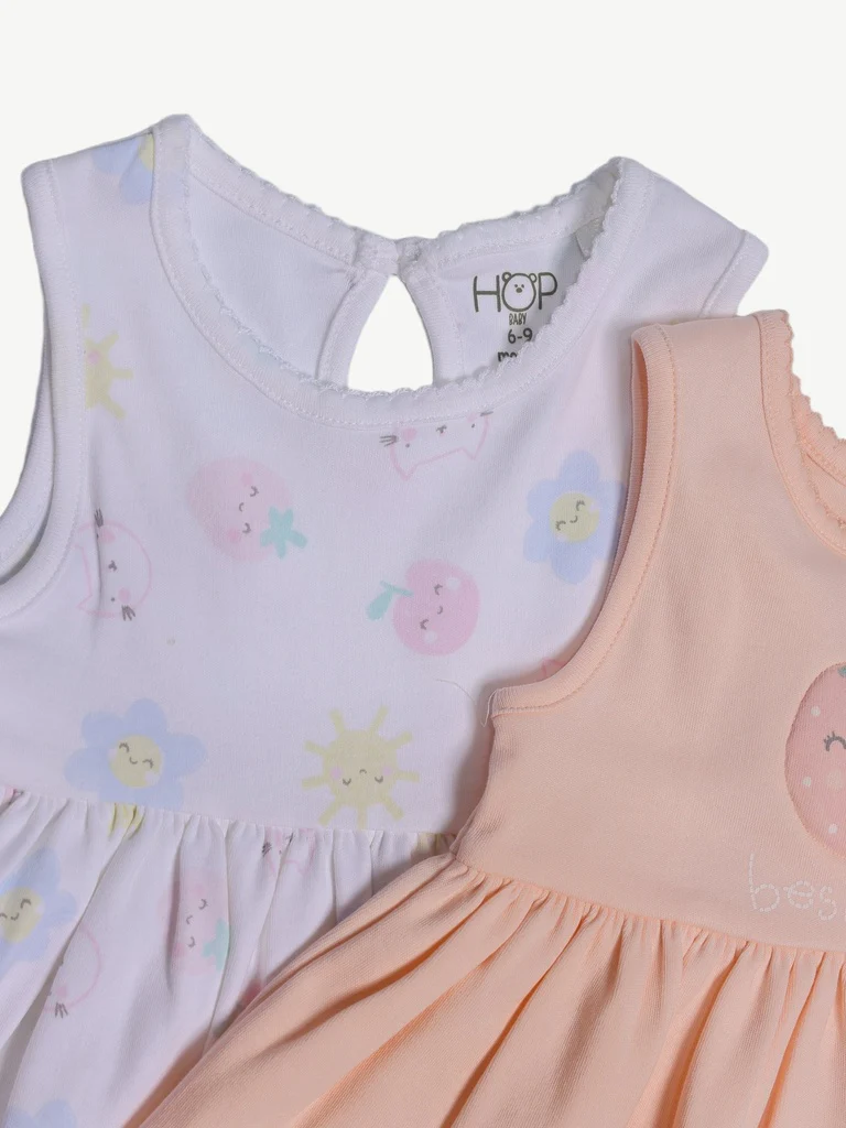 HOP Baby Girls Multicolour Printed A-Line Cotton Dress - Pack of 2 - Image 4