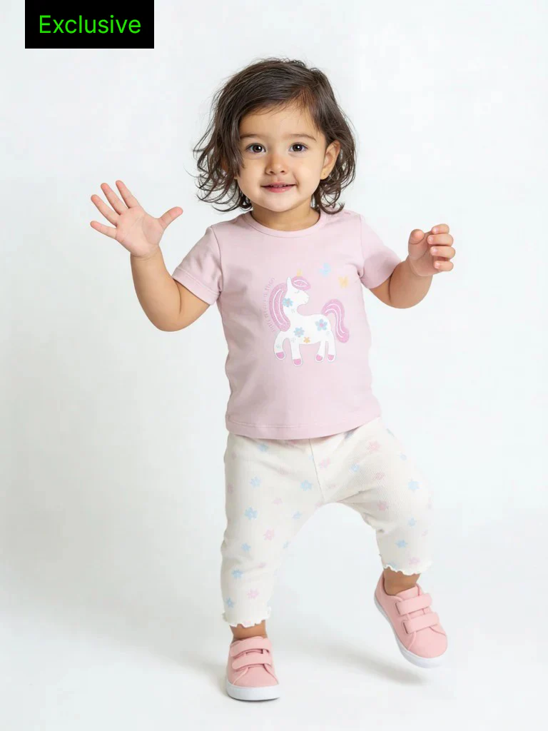 HOP Baby Girls Multicolour Printed Cotton T-Shirt and Leggings Set - Exclusive
