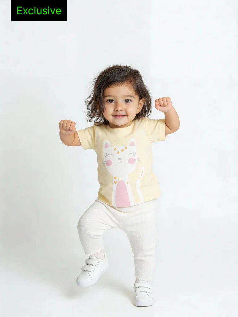 HOP Baby Girls Multicolour Printed Cotton T-Shirt and Pants Set - Exclusive