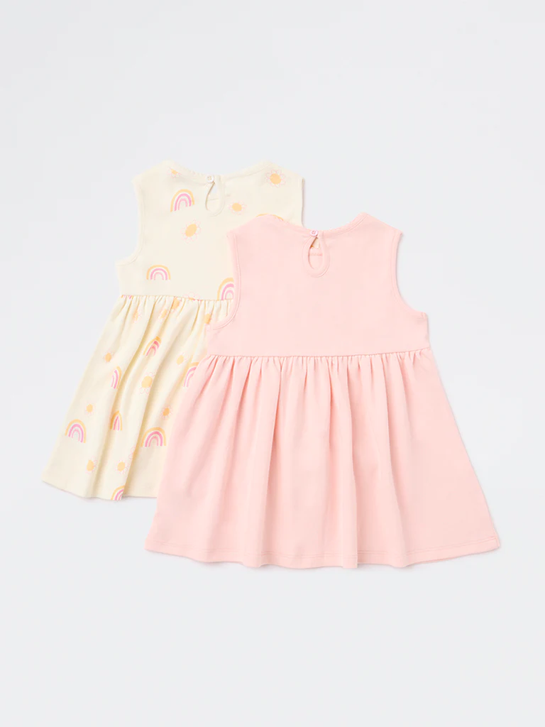 HOP Baby Girls Multicolour Rainbow Design A-Line Cotton Dress - Pack of 2 - Image 2