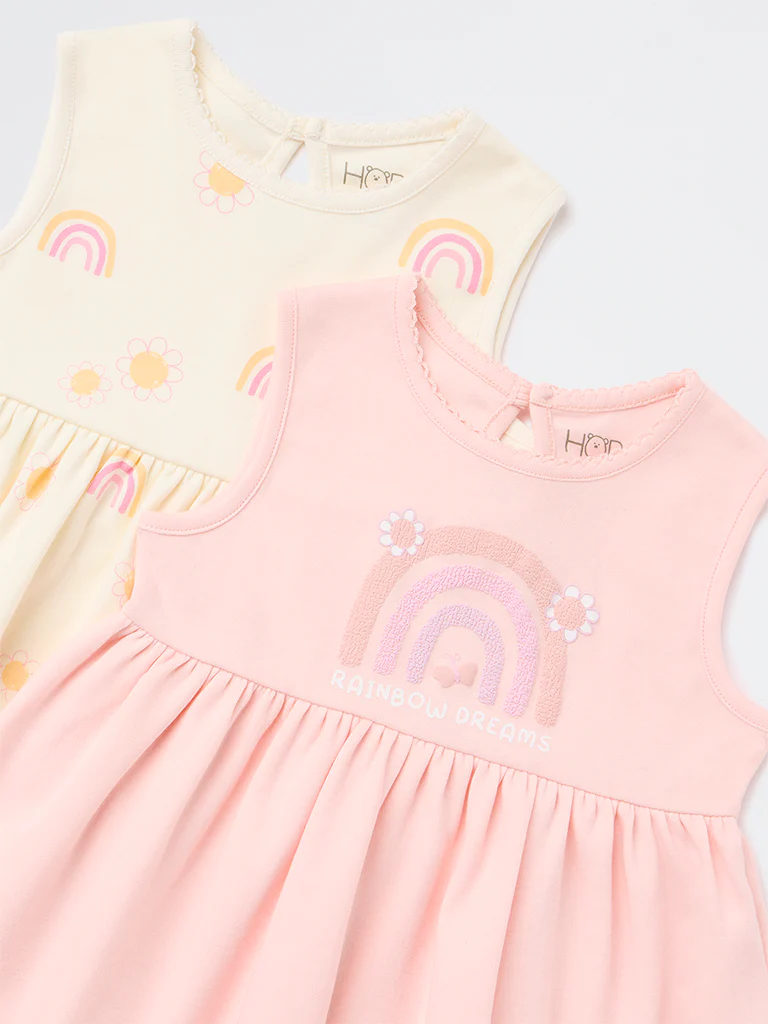 HOP Baby Girls Multicolour Rainbow Design A-Line Cotton Dress - Pack of 2 - Image 3