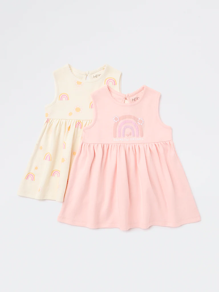HOP Baby Girls Multicolour Rainbow Design A-Line Cotton Dress - Pack of 2 - Image 4