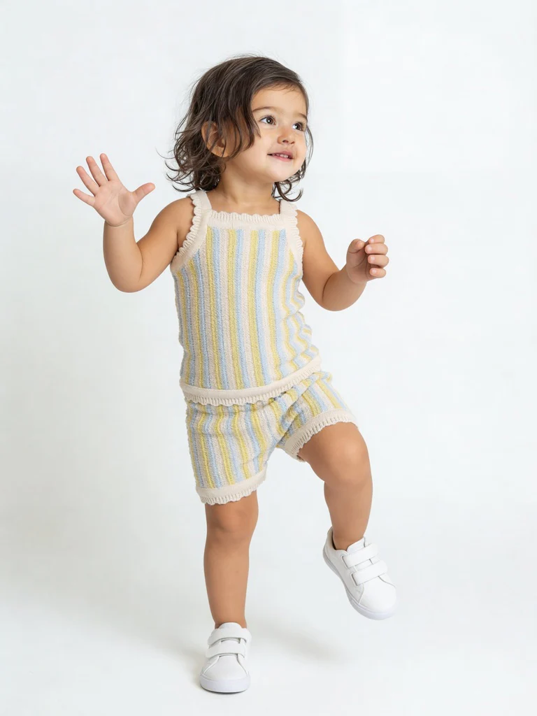 HOP Baby Girls Multicolour Striped Cotton Top and Shorts Set