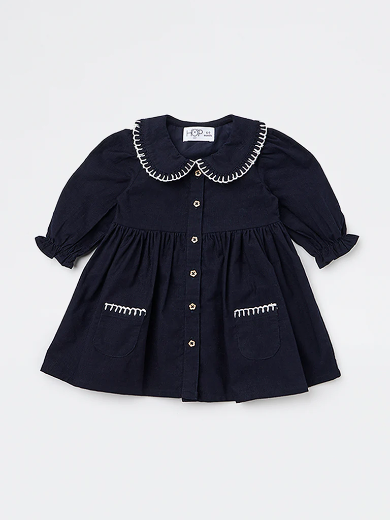 HOP Baby Girls Navy Corduroy A-Line Cotton Dress - Image 2