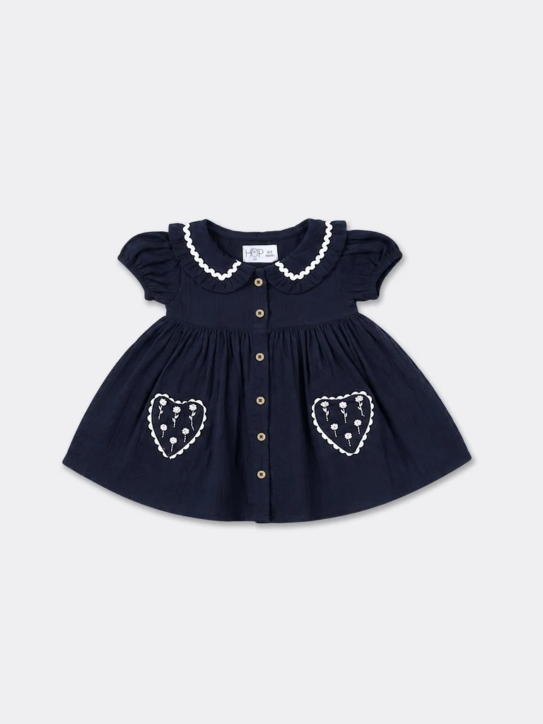 HOP Baby Girls Navy Cotton Fit And Flare Dress