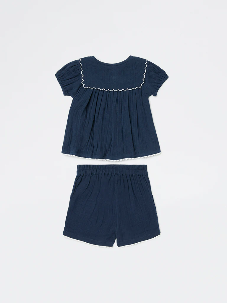 HOP Baby Girls Navy Crinkle-Textured Cotton Co-ord Set - Image 3