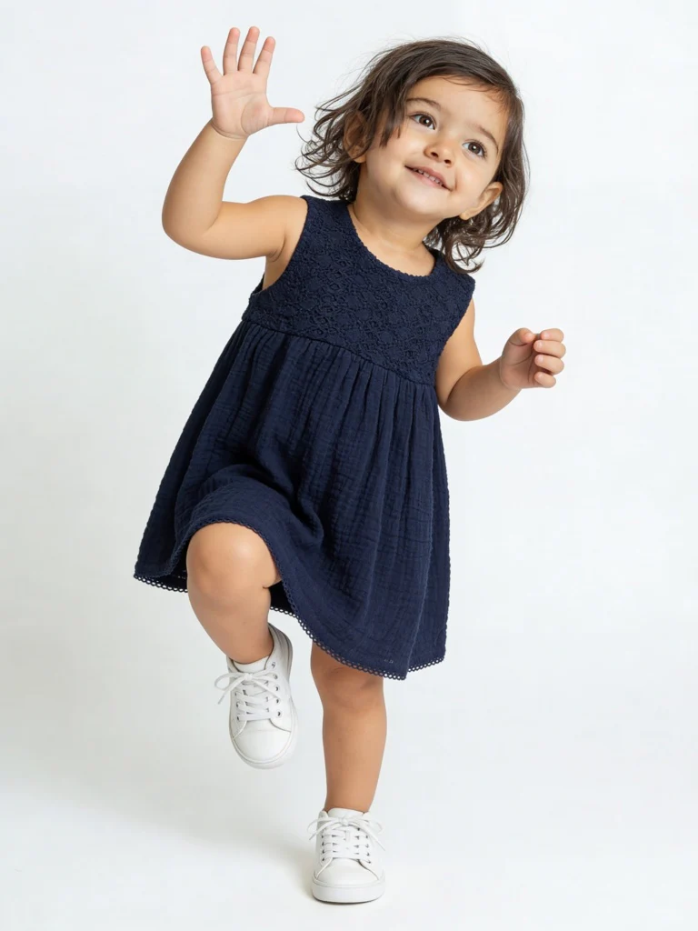 HOP Baby Girls Navy Crochet-Detailed Cotton A-Line Dress