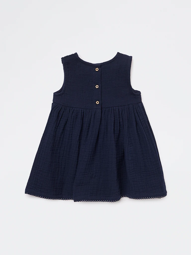 HOP Baby Girls Navy Crochet-Detailed Cotton A-Line Dress - Image 3