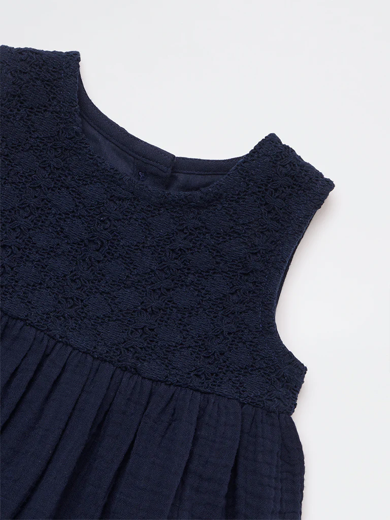 HOP Baby Girls Navy Crochet-Detailed Cotton A-Line Dress - Image 4