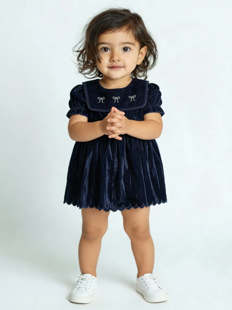 HOP Baby Girls Navy Fit-And-Flare Velvet Dress